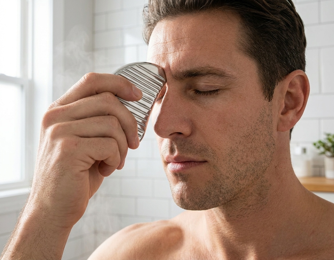 Man using the steel tool on his forehead